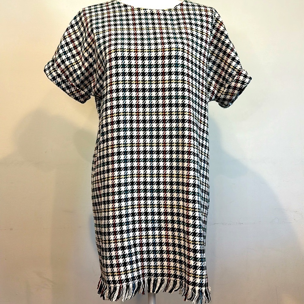 Zara Multicolor Houndstooth Wool Dress with Fringe Bottom Rolled Sleeves